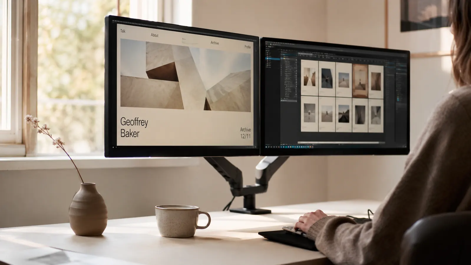 A calm, sunlit home office with two monitors raised on a dual arm mount, a warm bone-colored desktop cleared of clutter, a cup of tea to the side