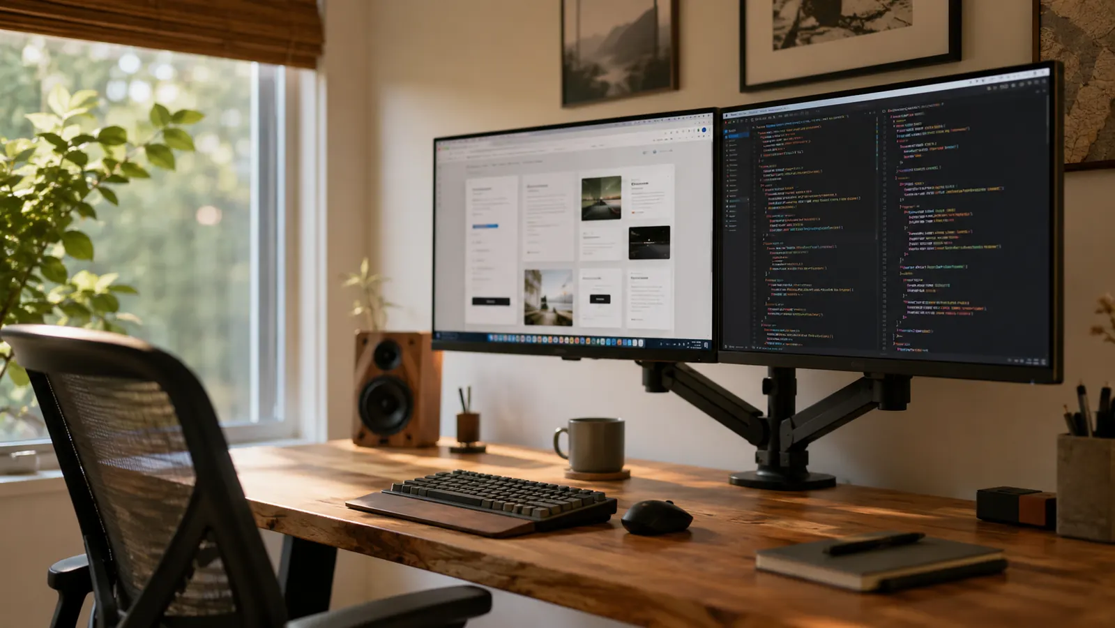 Two monitors mounted on a VIVO dual monitor stand on a clean wooden home office desk with warm morning light