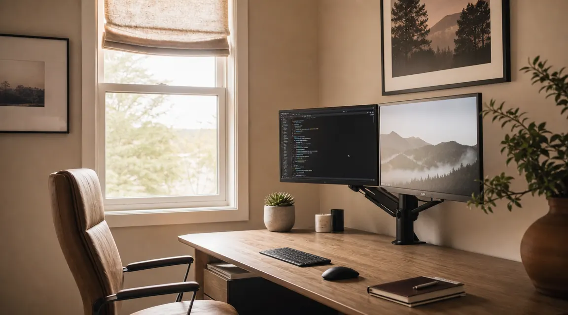 Calm, organized home office desk with two monitors mounted side by side on a single arm stand, warm afternoon light, plants in background